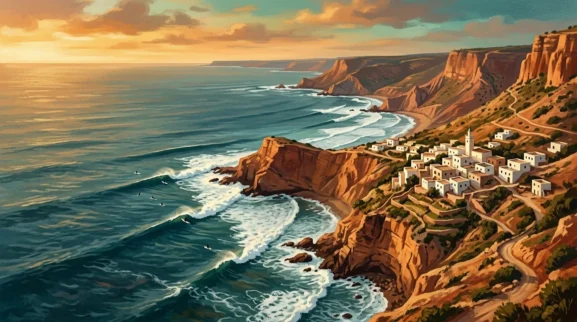 Illustration aérienne de la côte de Taghazout à l'heure dorée montrant les célèbres point breaks droits qui déferlent le long des caps marocains rocheux avec le village blanchi à la chaux visible au-dessus